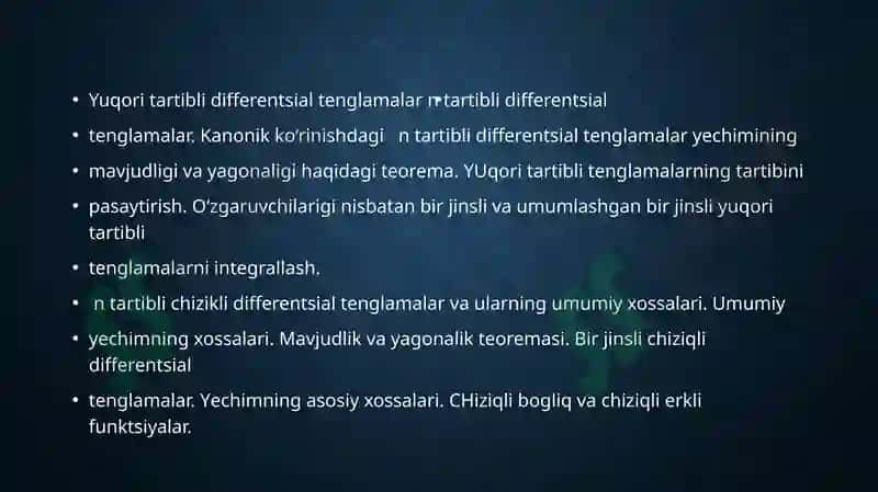 differentsial tenglamalarni o‘zgarmasni variatsiyalash usulida yechish. Ostrogradskiy-Liuvill formulasi 2