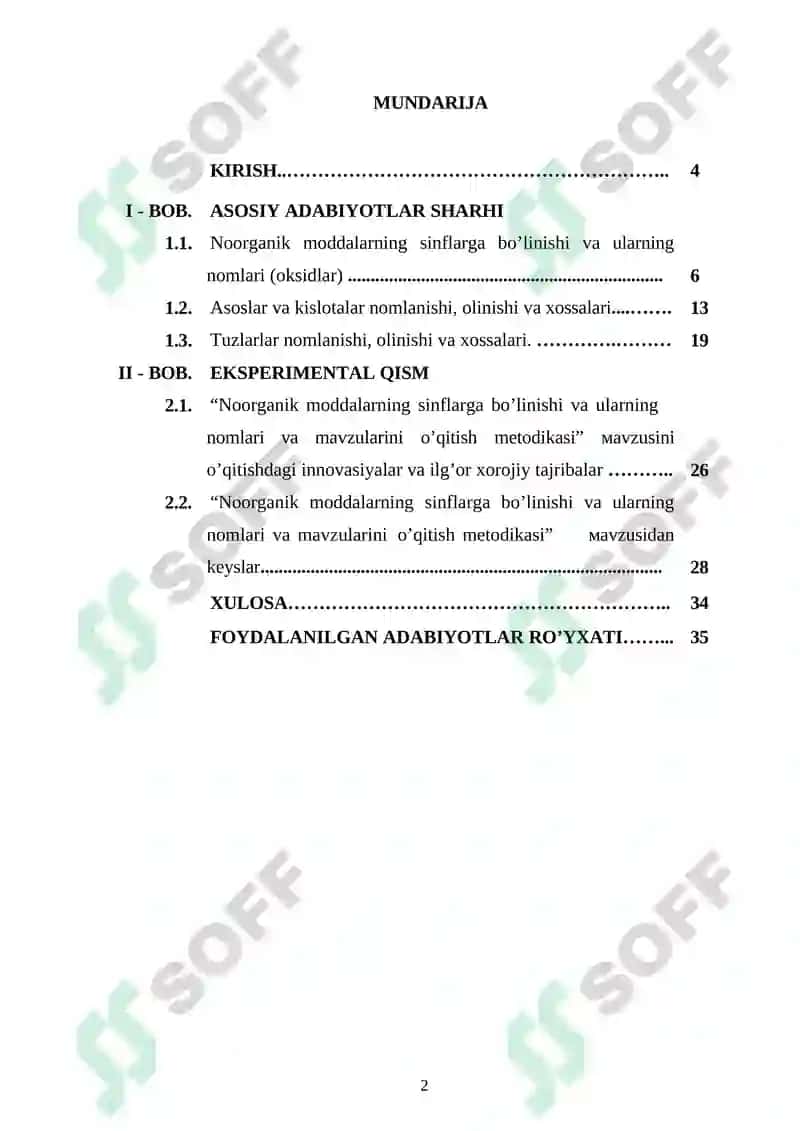 Noorganik moddalarning sinflarga	bo‘linishi va ularning nomlarini o‘qitish metodikasi 2