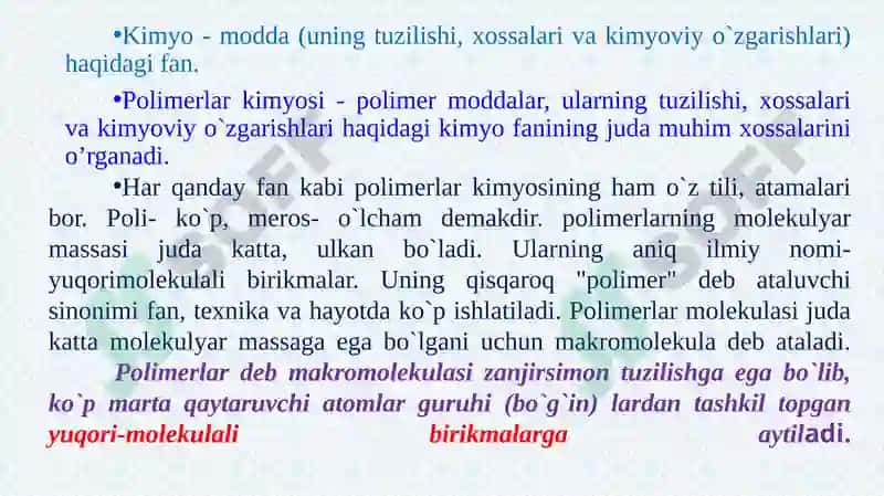 POLIMERLAR HAQIDA  ASOSIY TUSHUNCHALAR 2