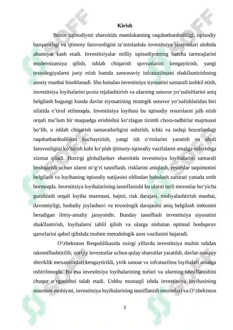 Investitsiya loyihalarining tasniflanishi 2