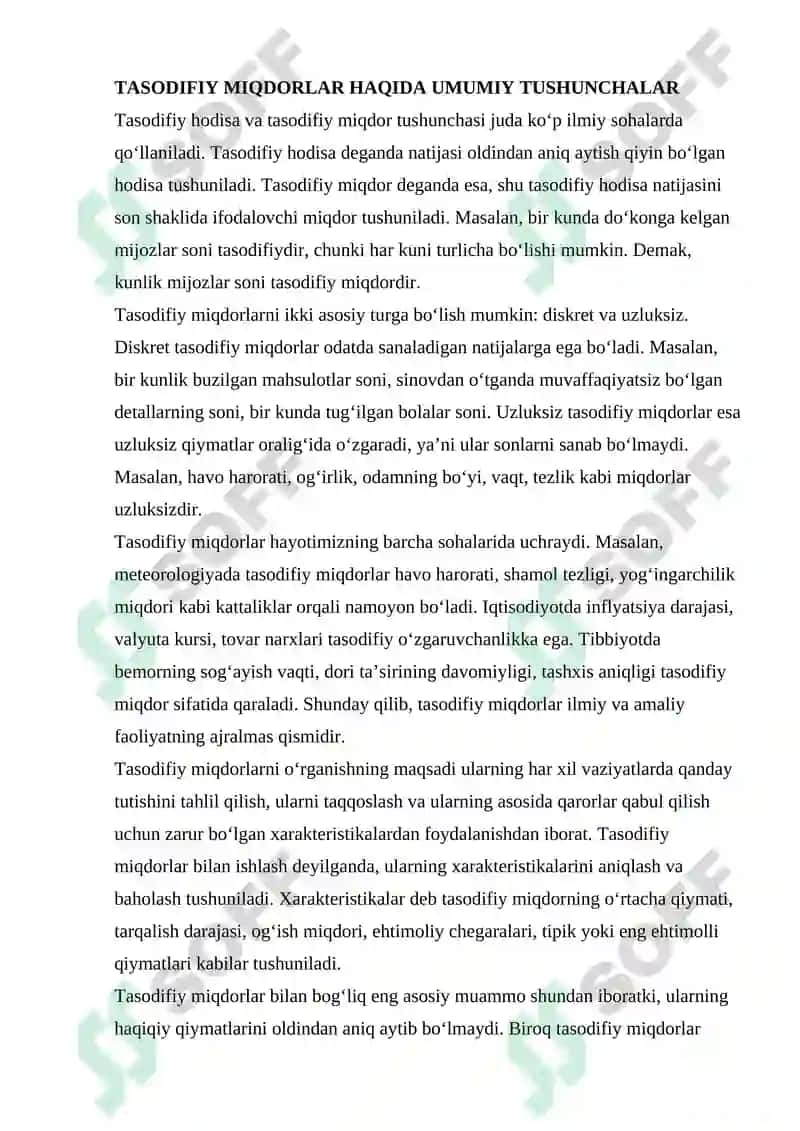 TASODIFIY MIQDORLARNING XARAKTERISTIKALARINI HISOBLASH 2
