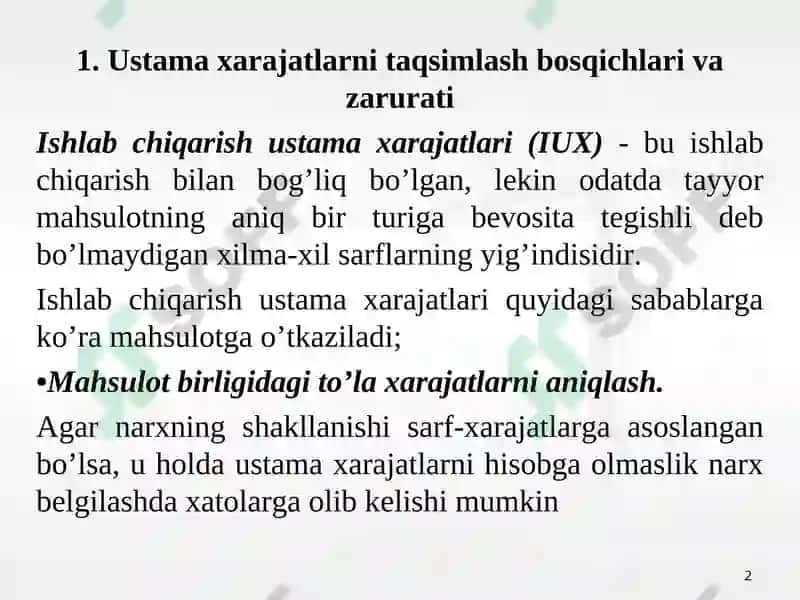 Ustama xarajatlarni taqsimlash bosqichlari va zarurati 2