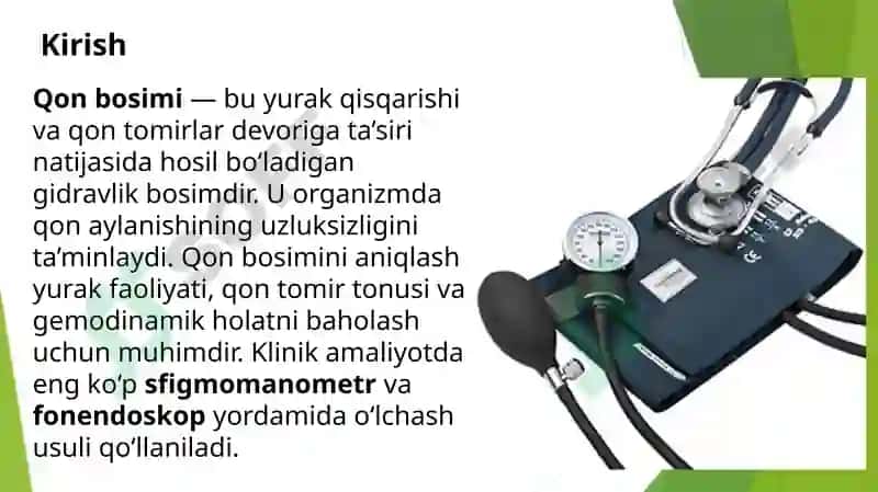 Sfigmomanometr va fonendoskop yordamida qon bosimini oʻlchash, aniqlash. Yurak biomexanikasi 2