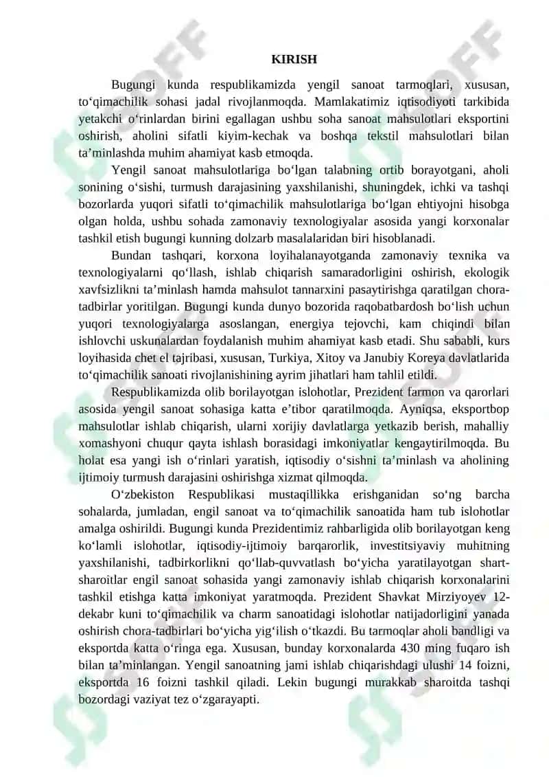 Byaz (135) assortimentidagi to‘qimachilik mahsuloti ishlab chiqarish korxonasini loyihalash 2