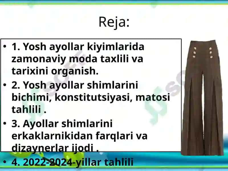 Yoshayollar kiyimlari davrining o'zbek modasini yozmasharhlar taqdimoti 2