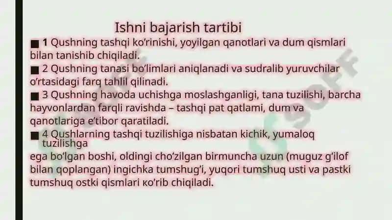 Qushlar sinfi vakillaridan tana tuzilish modellarini tayyorlash ( patlari, tumshuq tuzilishi, oyoq x 2