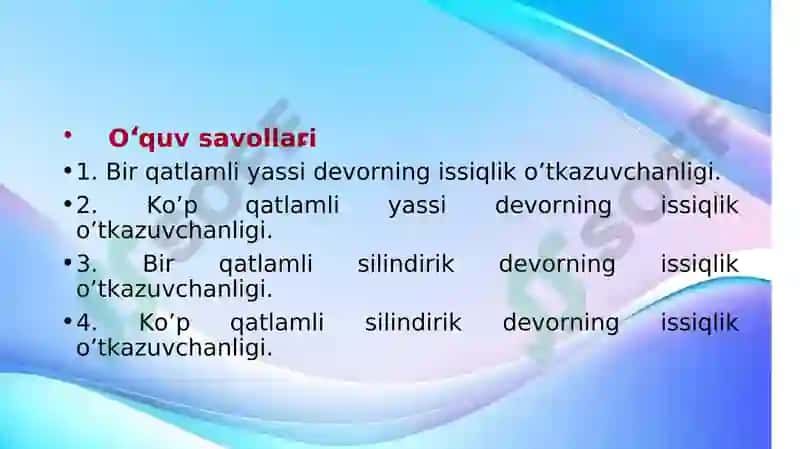 Barqaror holatdagi issiqlik almashinuvi va o'tkazuvchanligi slayd 2