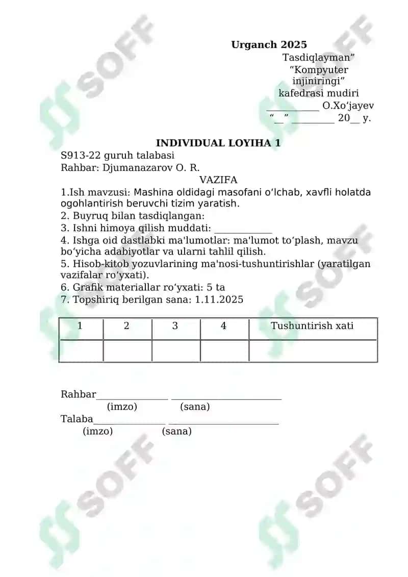 Individual loyiha Mashina oldidagi masofani o‘lchab, xavfli holatda ogohlantirish beruvchi tizim yaratish 2