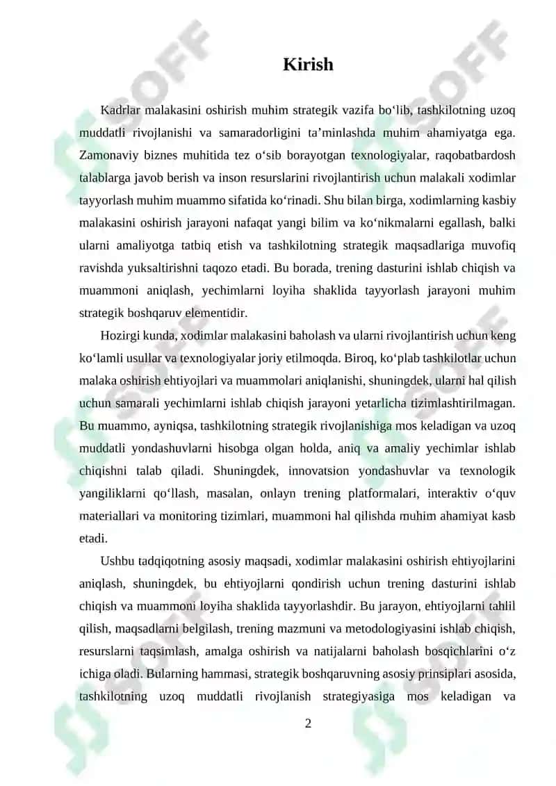 Xodimlar malakasini oshirish boʻyicha trening dasturi ishlab chiqish, muammoni aniqlash yechimlarini loyiha shaklida tayyorlash 2