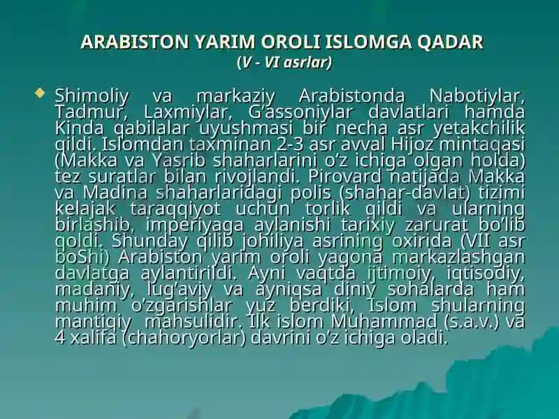 "ARABISTON YARIM OROLI ISLOMGA QADAR(V - VI asrlar)" 2