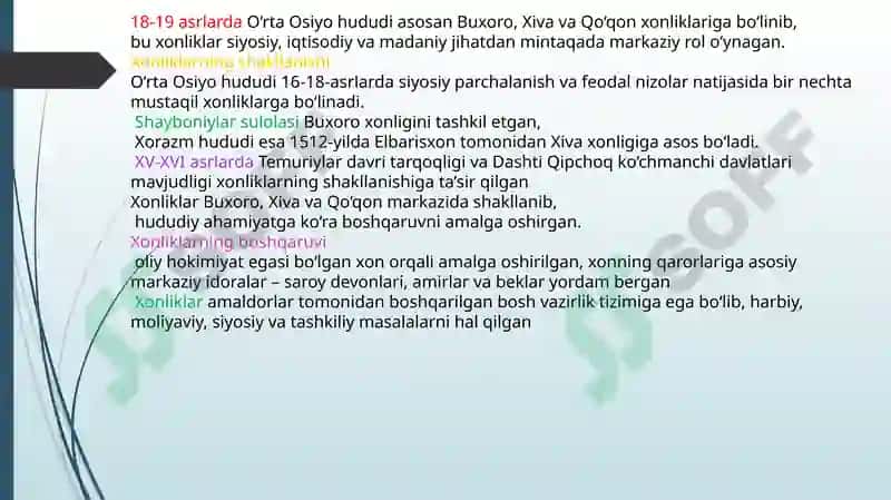 o’rtaosiyo davlatlarining 19-asr birinchi yarmida tarixi geografiyasi 2