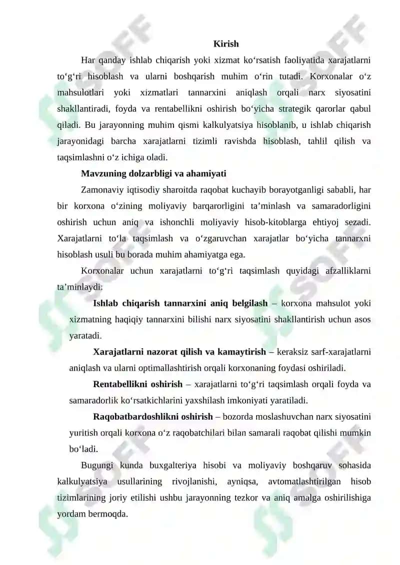 XARAJATLARNI TO‘LA TAQSIMLAB VA O‘ZGARUVCHAN XARAJATLAR BO‘YICHA TANNARXNI KAL'KULYASIYA QILISH USULI. 2