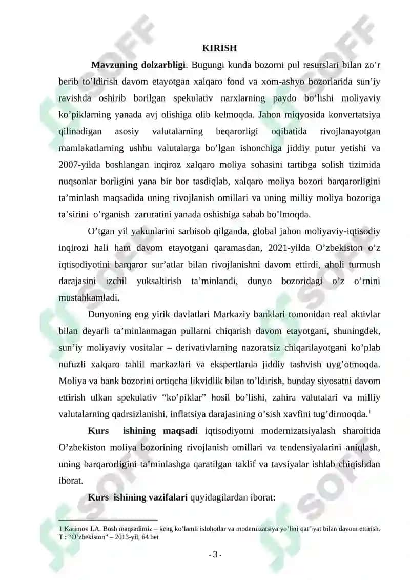 O'ZBEKISTON RESPUBLIKASI MOLIYA BOZORI HOLATI RIVOJLANISH TENDENSIYALARI GLOBAL VA MILLIY MOLIYAVIY BOZORLARI 2