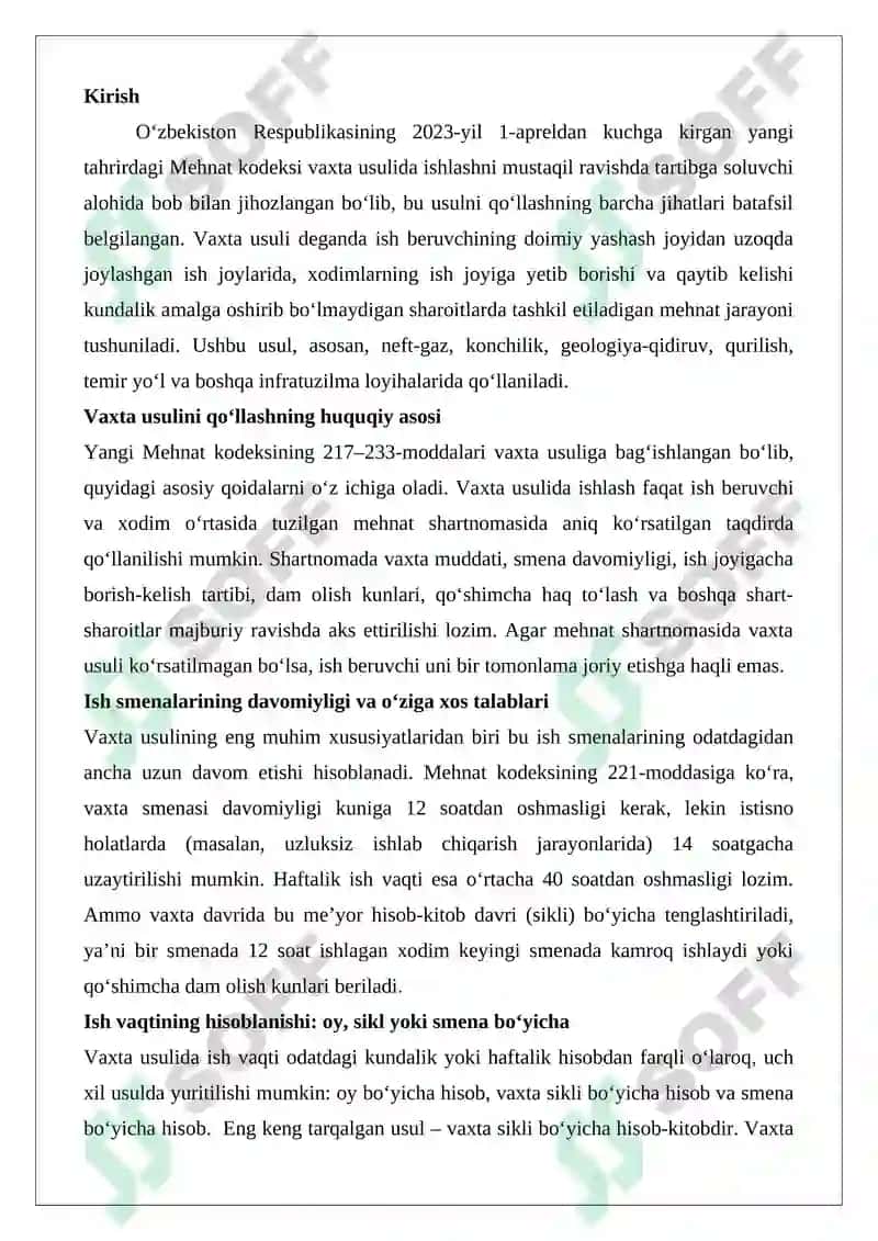Vaxta usulida ishlashni mustaqil ravishda tartibga soluvchi alohida bob 2