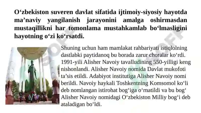 Mustaqillik yillarida O’zbekistondagi ma’naviy va madaniy taraqqiyot 2