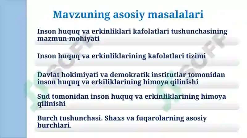 INSON HAMDA FUQARONING HUQUQ VA ERKINLIKLARI KAFOLATLARI.  FUQAROLARNING KONSTITUTSIYAVIY BURCHLARI. 2