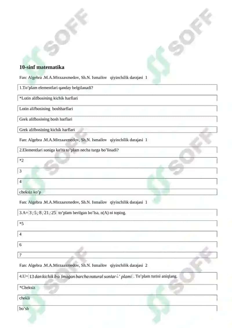 10-sinf matematika 200 ta test 2