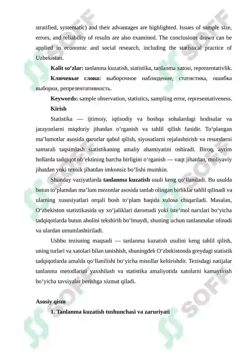 STATISTIK TADQIQOTLARDA TANLANMA KUZATISHNING QO‘LLANILISHI 2