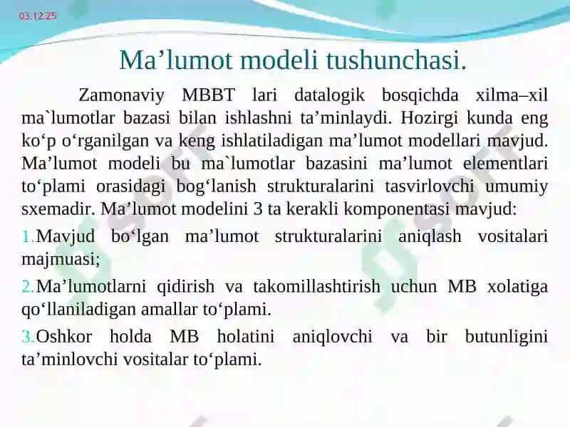 Bеrilganlarning iеrarхik mоdеli. Daraхtlar. Tеrma va shajaraviy fayl. Bir jinsli tuzilishlar. Bеrilganlarning tarmоq mоdеllari 2