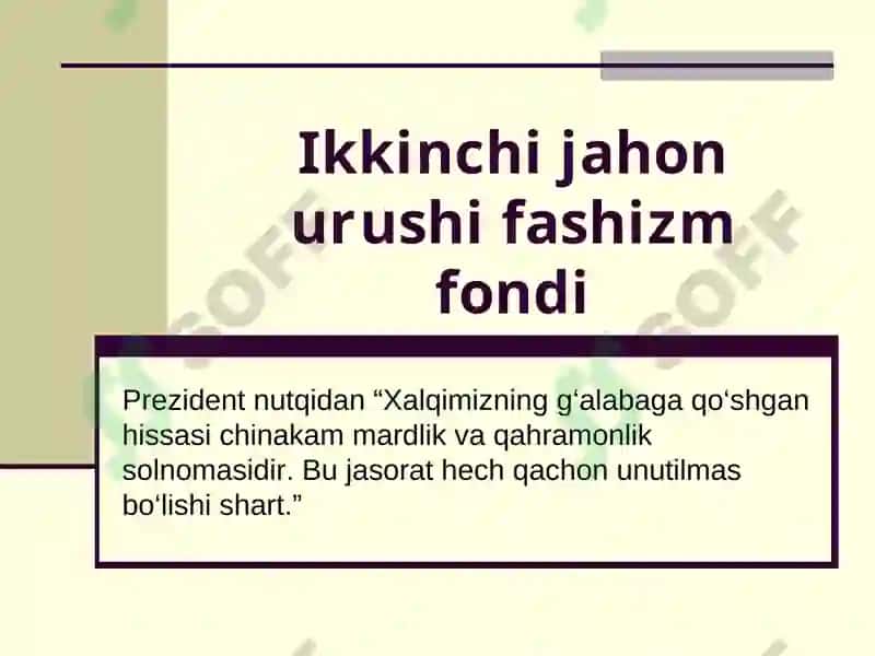 Ikkinchijahonurushi yillaridao’zbek xalqiningfashizm ustidanqozongan g`alabaga qo’shganhissasi 2