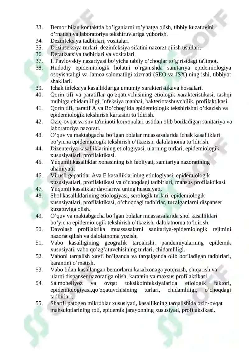 Tibbiy profilaktika ishi (Epidemiolog vrach yordamchilari uchun) mutaxassisligi bo'yicha shakllantirilgan og’zaki savollar ro'yxati 2