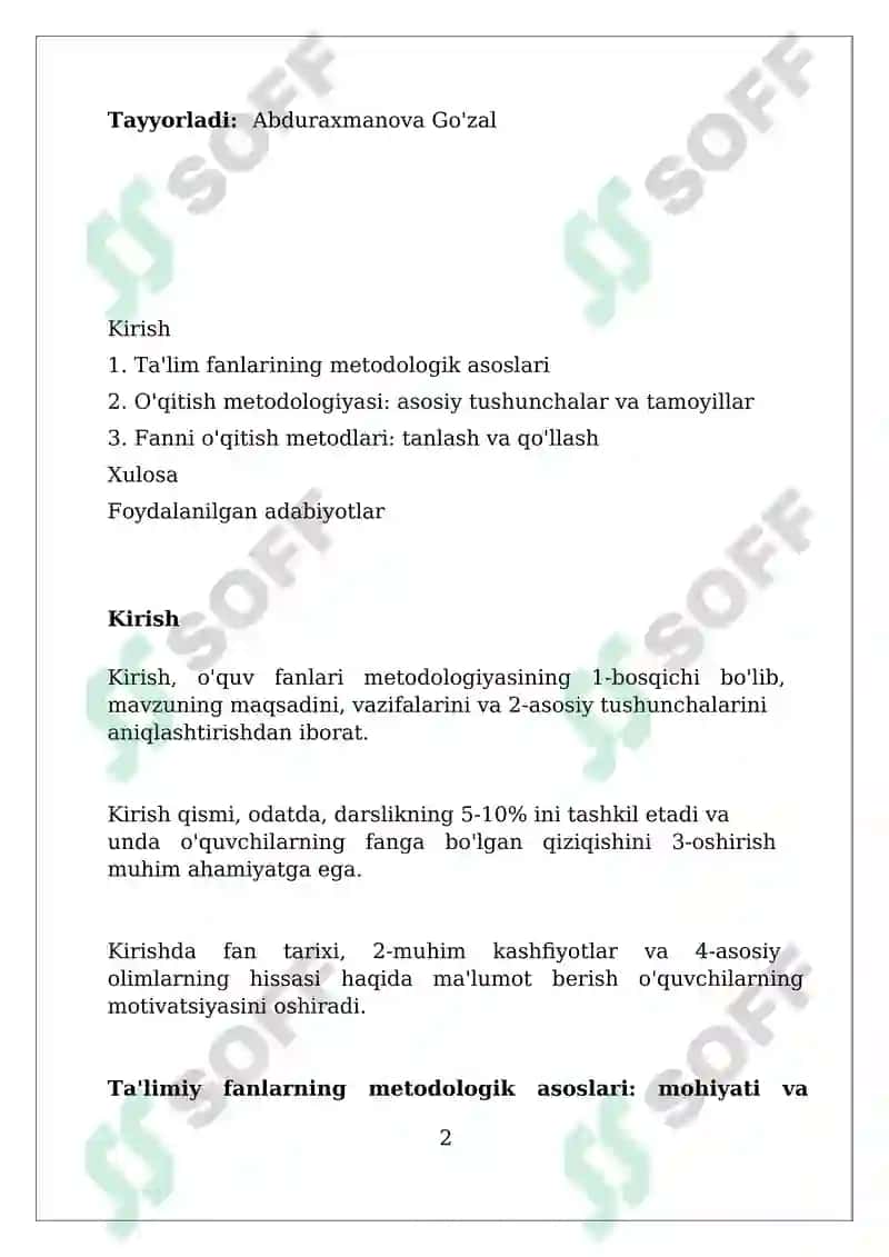O'quv fanlarining metodik asoslari: Fanlarni o'qitish metodologiyasi va usullari 2