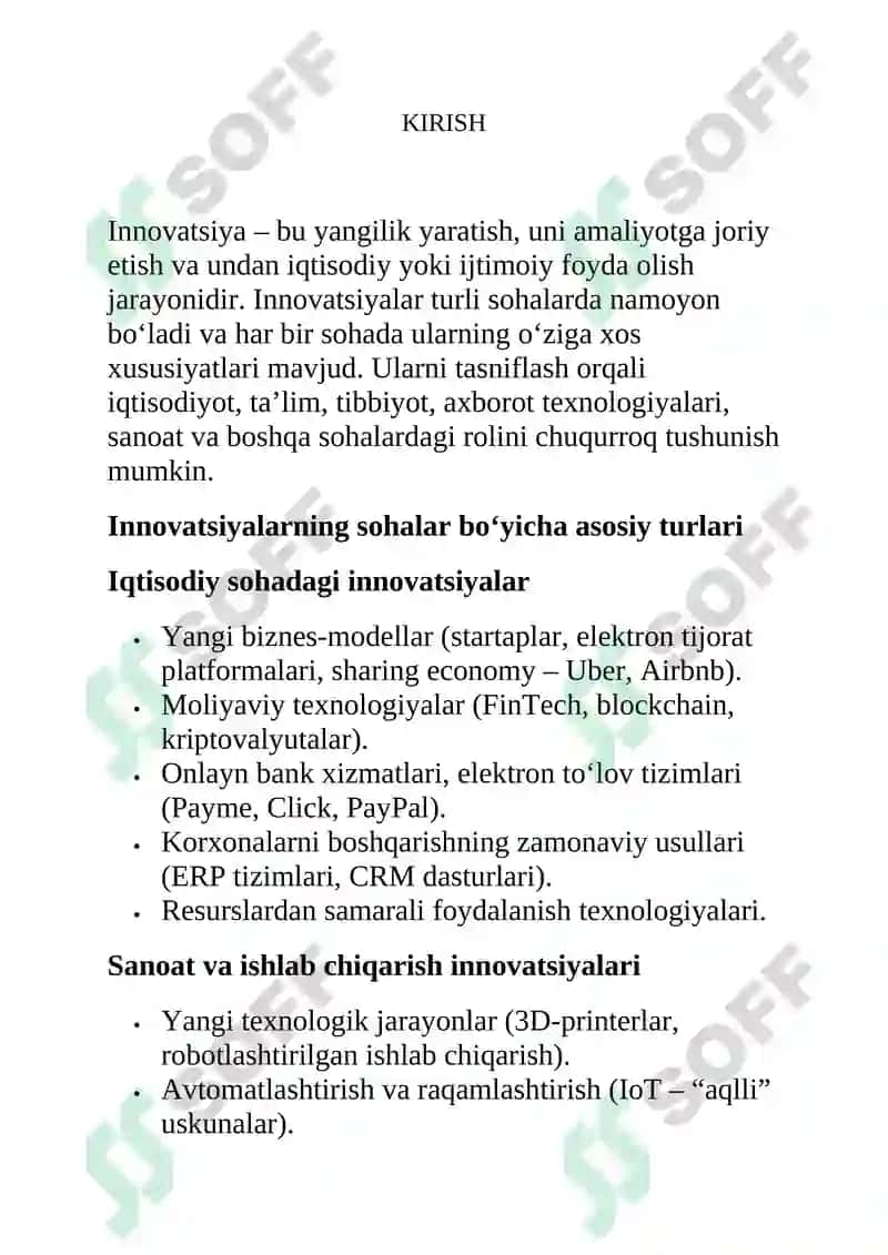 Innovatsiyalarning sohalar boʻyicha turlari 2