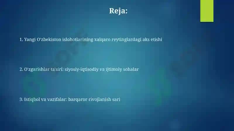 Yangi O‘zbekiston taraqqiyoti va islohotlarining xalqaro reyting hamda indekslarda aks etishi 2