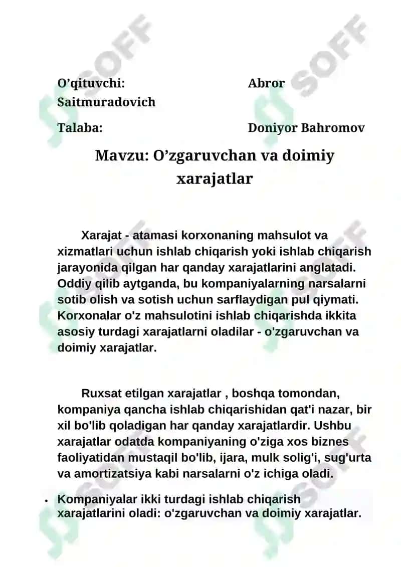 O'zgaruvchan va doimiy xarajatlar 2