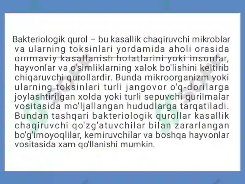 Bakteriologik qurolning jangovar jihatlari va tasnifi 2