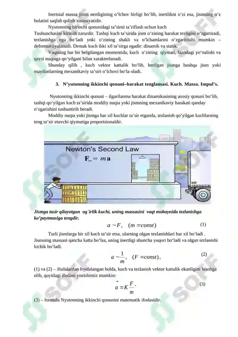MODDIY NUQTA DINAMIKASI. KUCH, MASSA VA IMPULS. NYUTONNING BIRINCHI QONUNI VA INERSIAL SANOQ TIZIMLAR. NYUTONNING IKKINCHI QONUNI. NYUTONNING UCHINCHI QONUNI. TABIATDAGI KUCHLAR. INERSIYA MARKAZI. 2