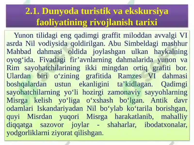Dunyo tаvrik va ekskursiya faoliyatining rivojlanishi 2