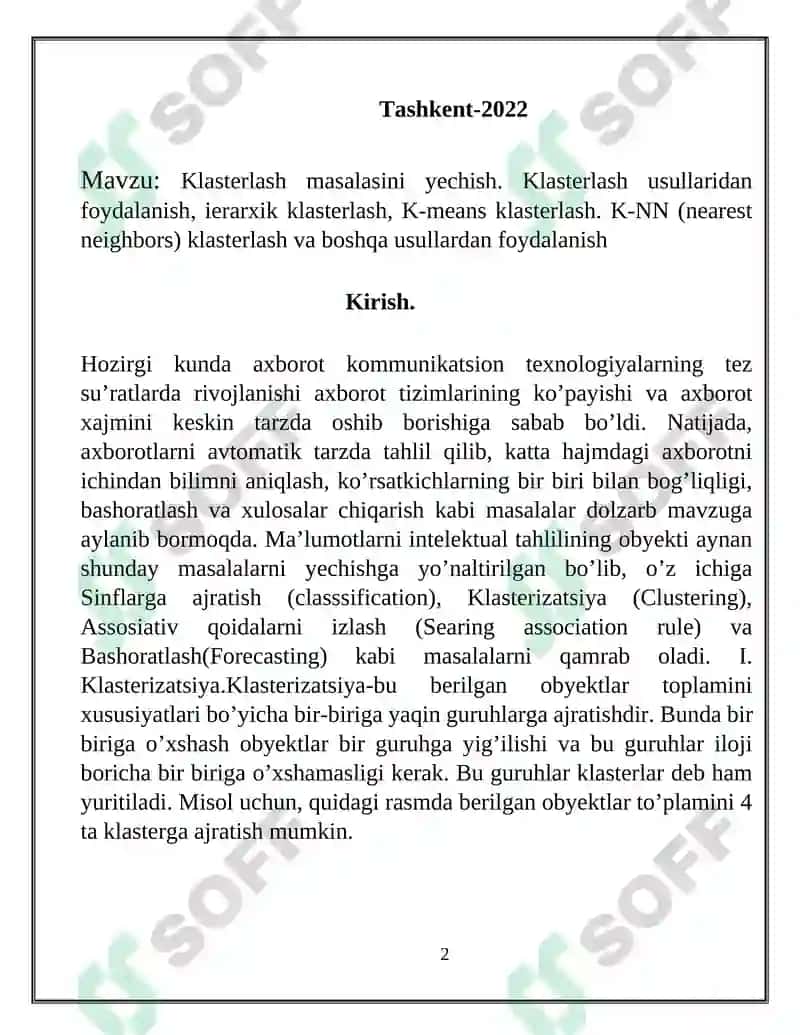 Klasterlash masalasini yechish 2