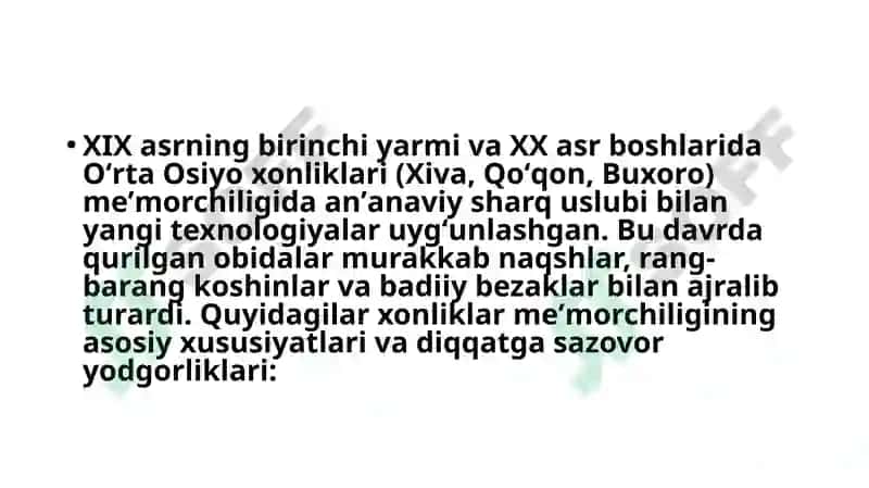 XIX asr birinchi yarmi XX asr boshlaridaxonliklarmemorchiliginingasosiy xususiyatlari vamemoriyobidalar 2