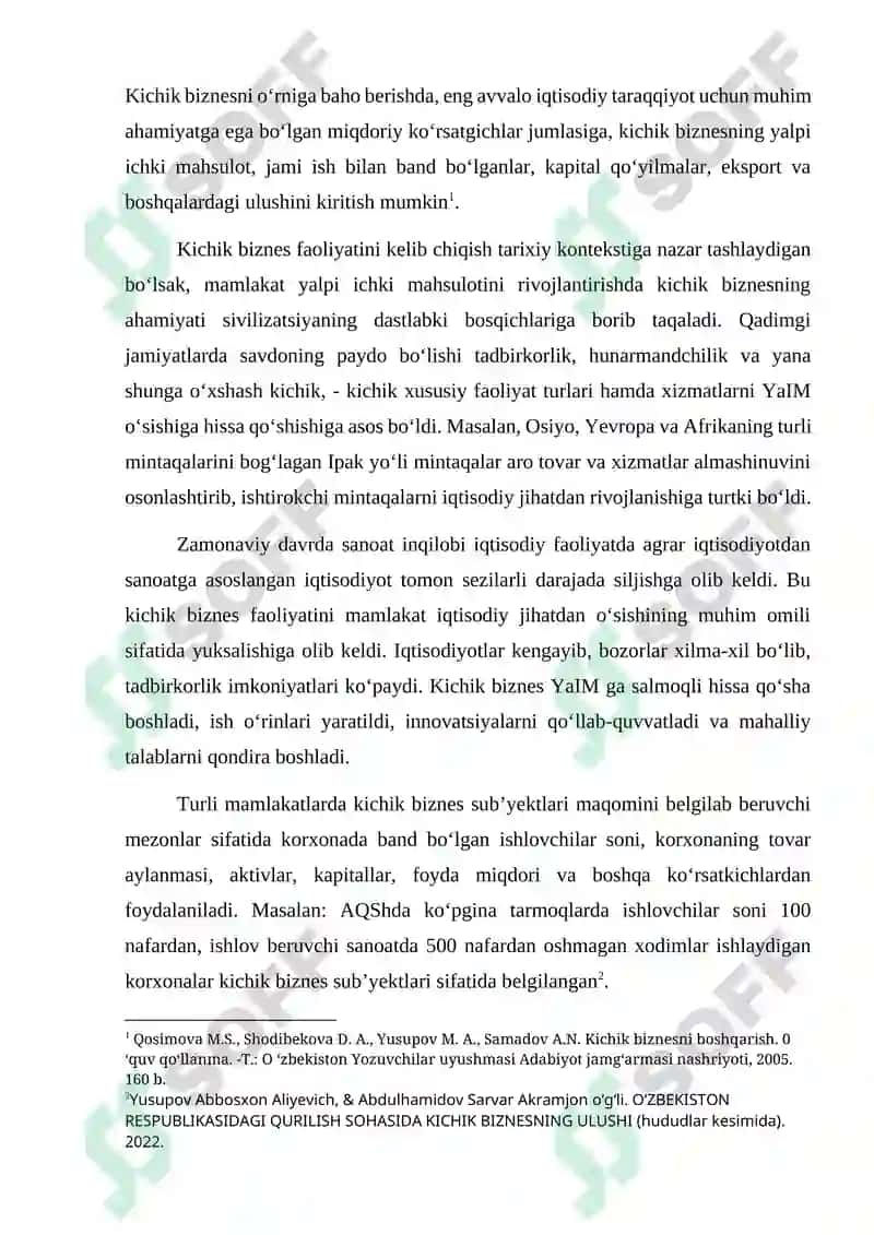 Mamlakat yalpi ichki mahsulotini rivojlantirishda kichik biznesni o‘rni va duch kelishi mumkin bo‘lgan muammolar tahlili 2