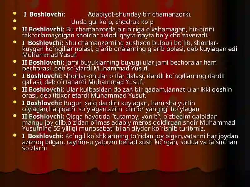 Muhammad Yusuf tavalludida bag`ishlangantadbir ssenariysi 2