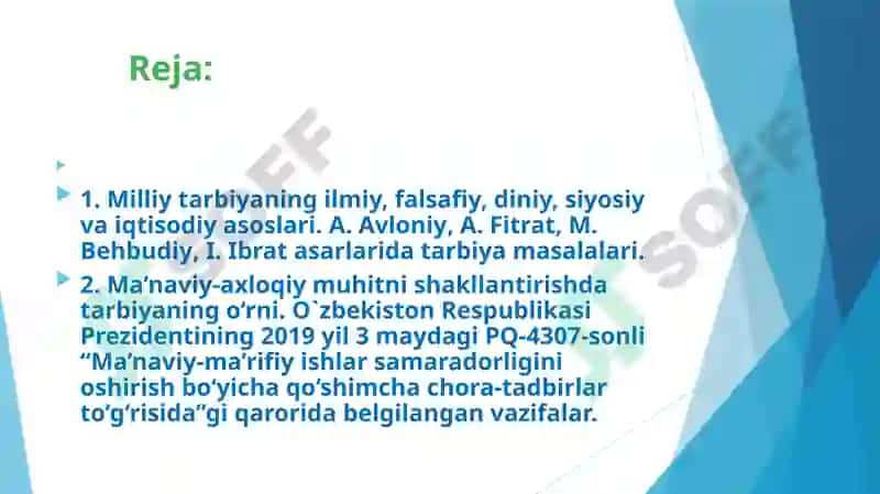 Tarbiya fanini o‘qitishning ilmiy, diniy, badiiy va falsafiy asoslari. Uzluksiz ta’lim jarayonida shaxsning ma’naviy kamolotiga oid fazilatlarni shakllantirish. Ma`naviy-ma`rifiy ishlarning takomillashuvi-tarbiyaning asosi 2