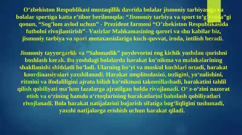 Milliy qadriyatlar asosida jismoniy tarbiya va sport bayramlarini tashkil qilish va o‘tkazish. 2