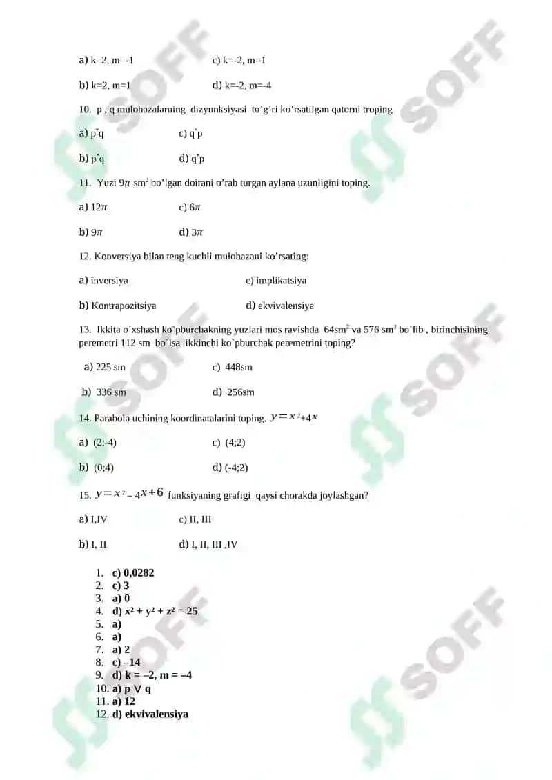 11-sinf matematika 15 ta test 2