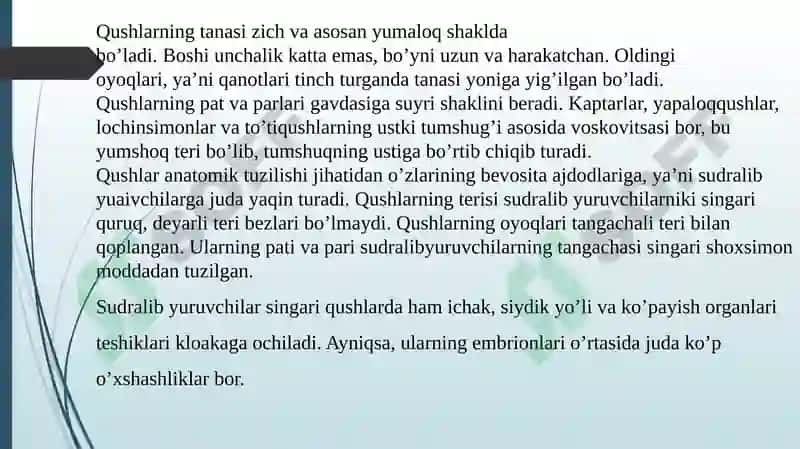 Qushlar sinfining turli sistematik guruhlaridan preparat tayyorlash. 2