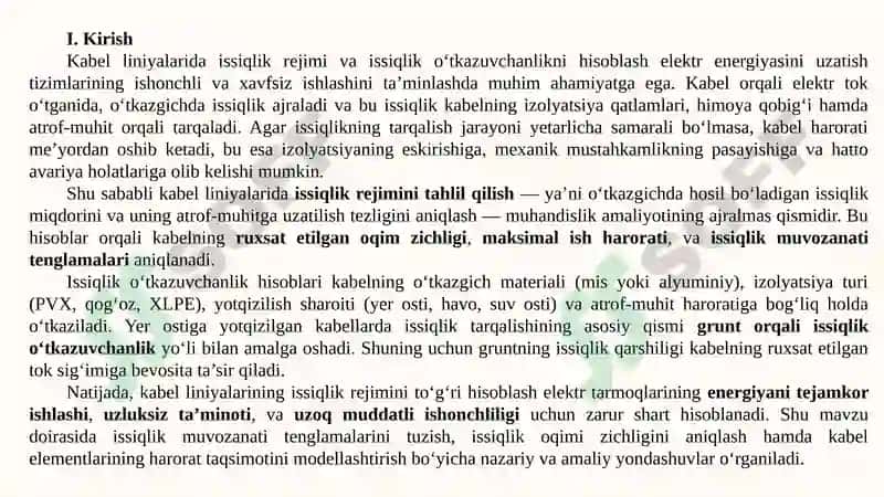 Kabelliniyalarida issiqlik rejimi va issiqlik o‘tkazuvchanlik hisoblari 2
