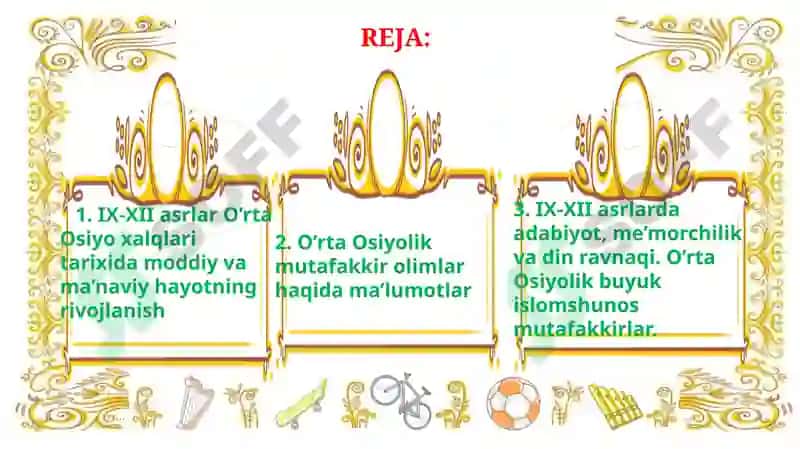 IX-Xii ASRLARDA MAMLAKATIMIZ HUDUDIDA RO`Y BERGAN MADANIY UYG`ONISH (Renesans). Buyuk allomalarimizning jahon sivilizatsiyasiga qo`shgan hissasi 2