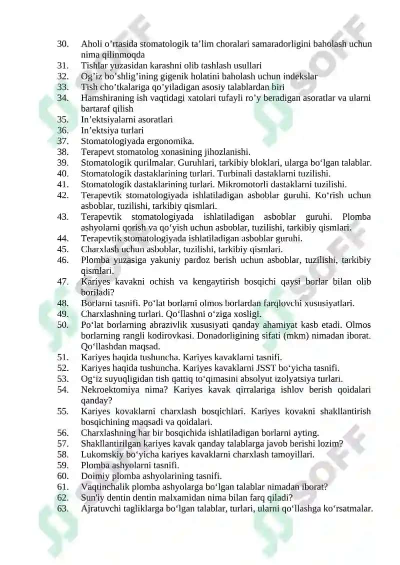 Stomatologiya ishi mutaxassisligi boʼyicha shakllantirilgan ogʼzaki savollar roʼyxati 2