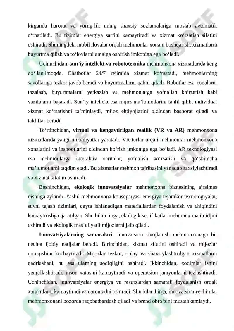 Mehmonxona Xizmatlarini Innovatsion Rivojlantirishi 2
