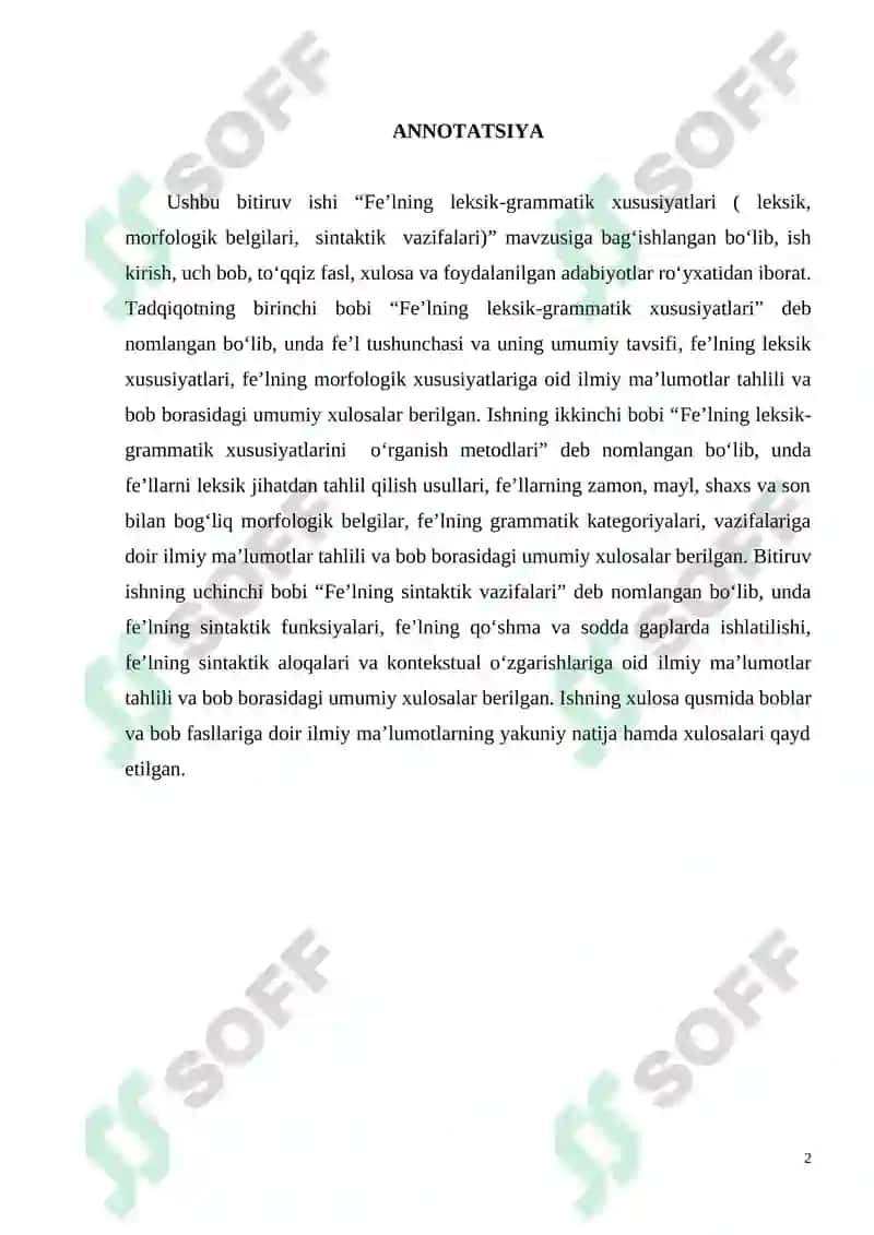 "Feʼlning leksik-grammatik xususiyatlari ( leksik, morfologik belgilari, sintaktik vazifalari)" mavzusidagi BITIRUV ISHI 2