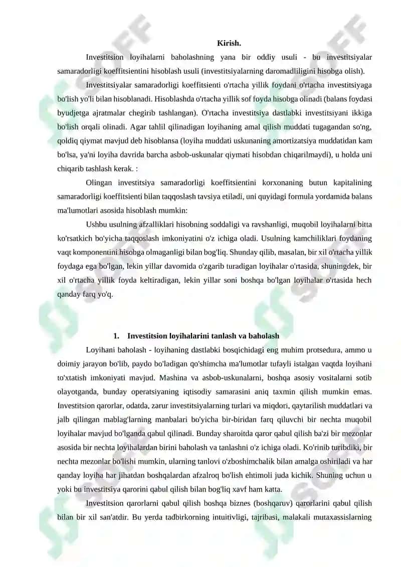 Investitsion loyihalarini tanlash va baholash 2