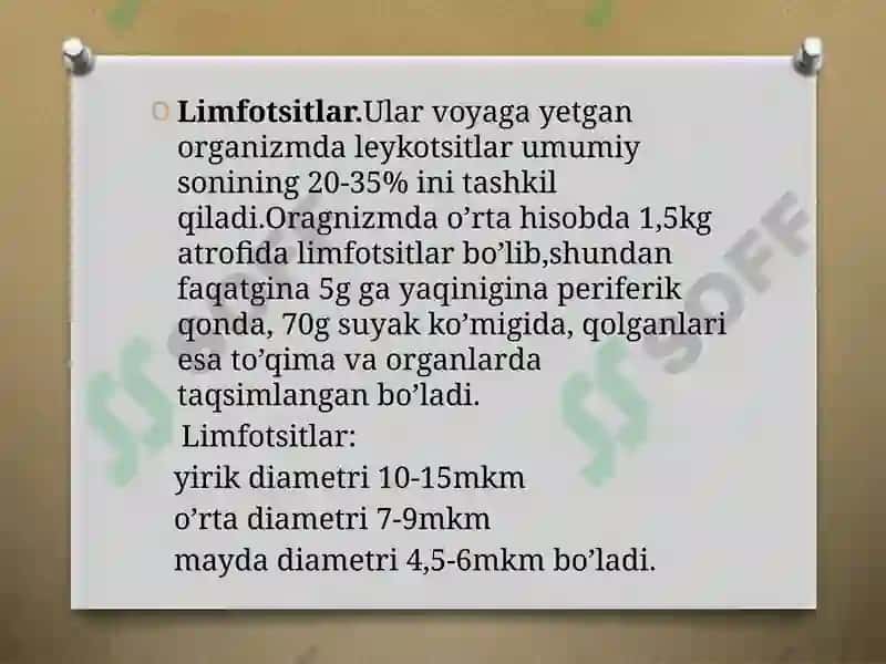 Limfotsitlarning populyatsiyalari va subpopulyatsiyalari.Ularning tuzilishi va vazifalari.Limfaning hosil bo’lishi,tarkibi va vazifalari 2