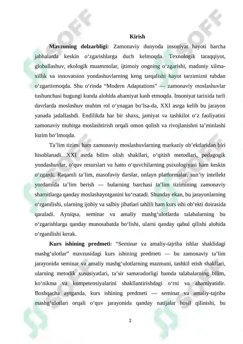 Seminar va amaliy- tajriba  ishlar shaklidagi mashgʻulotlar 2