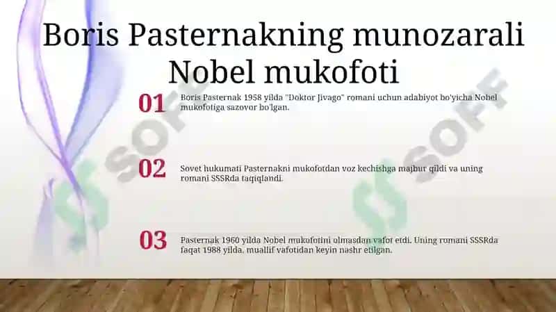Boris Pasterkan Olgan Nobel Mukofotlari Haqida Ruscha Malumotli Slayd 2