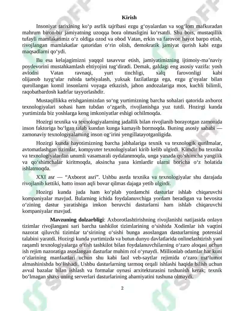 Tashkilot xodimlari ish rejimini nazorat qiluvchi tizim 2